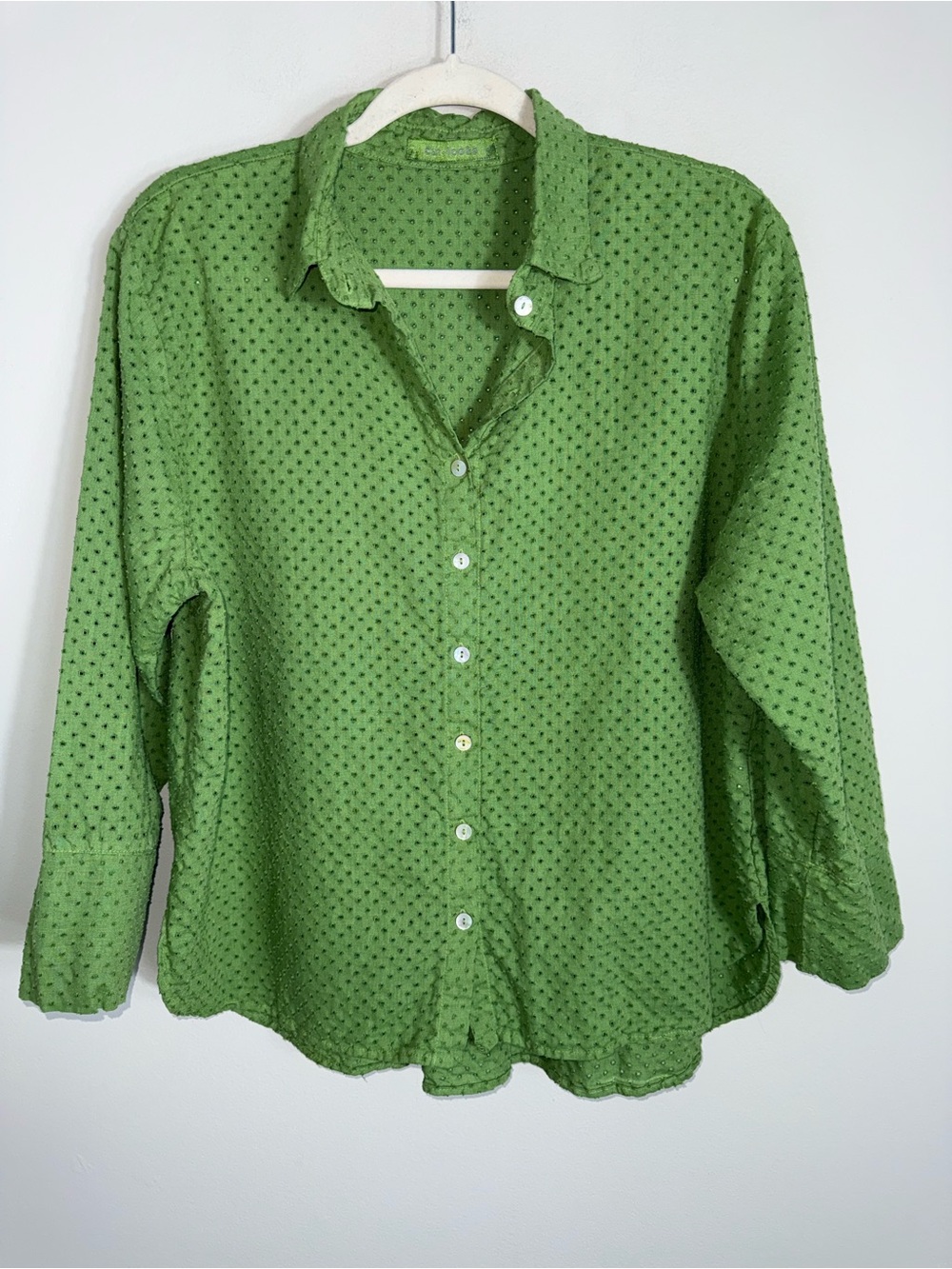 Cut Loose Button Front Blouse-Green-Swiss Dot Holes-Linen Cotton-Large
